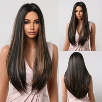 synthetic long straight mixed black brown wigs middle part natural heat resistant wigs for black%c2%a0women daily cosplay wig