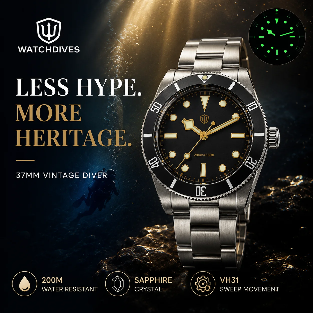 Фото Новые часы Watchdives WD7922, 37 мм, винтажные часы для дайвинга, VH31, кварцевые, с сапфировым стеклом AR, C3/BGW9, светящиеся, водонепроницаемые до 200 м, мужские наручные часы из стали 316L №2