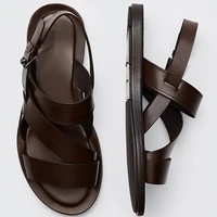 elmsk 2022 japanese fashion solid causal cowhide genuine leather comfortable flat shoes man summer men shoes vintage sandals men