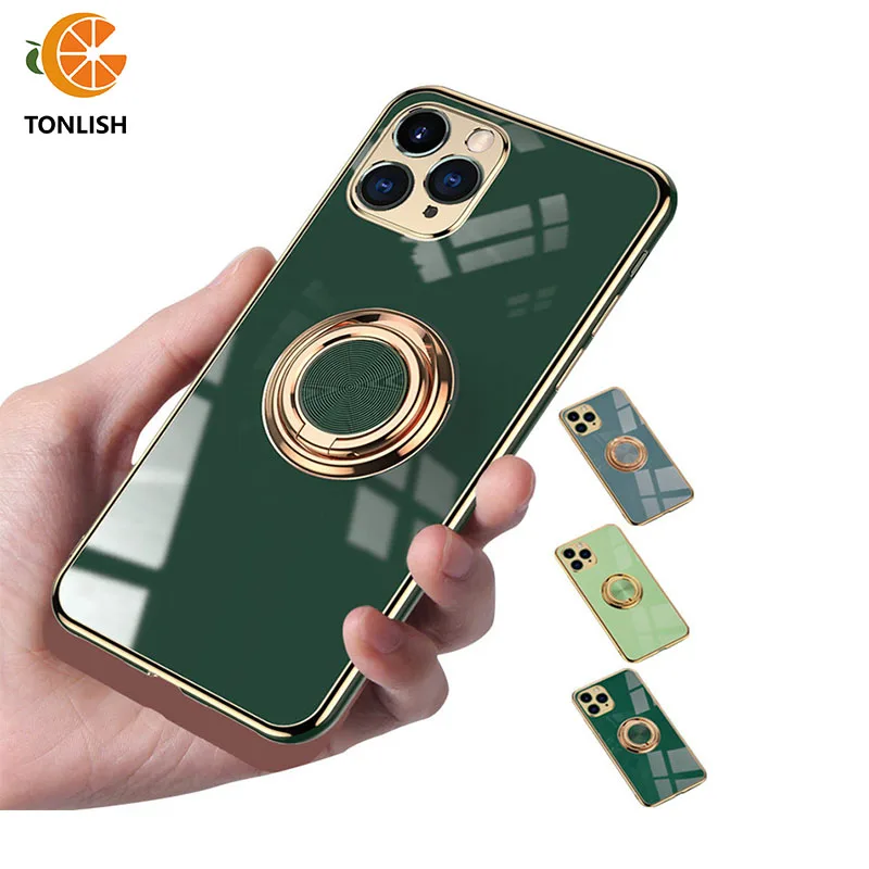 

TONLISH Luxury Ring Holder Case For iPhone 11 12 13 Pro Max XS XR Max Gold Plating vehicle mounted magnetic suction phone case
