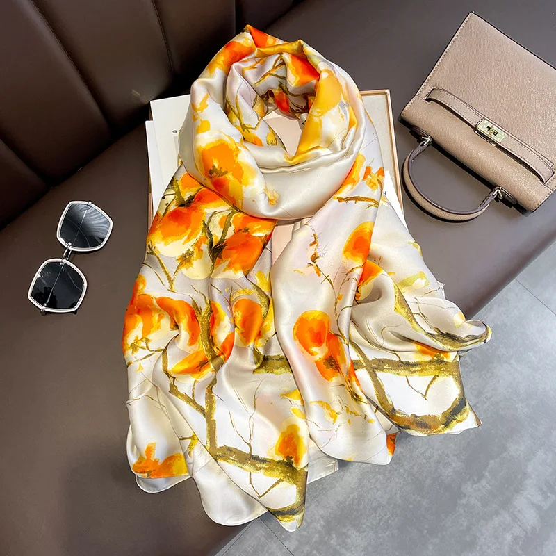 

Foulard Silk Scarf Shawls Lady Bufanda Elegant Floral Scarves Women Sping Pashmina Hijab Wraps Female Beach Stoles