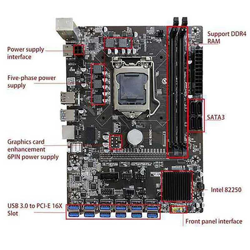 B250C BTC Mining Motherboard 12 USB3.0 to PCIE Graphics Slot LGA 1151 DDR4 DIMM SATA3.0 with 12XVER010-X Riser Card | Компьютеры и