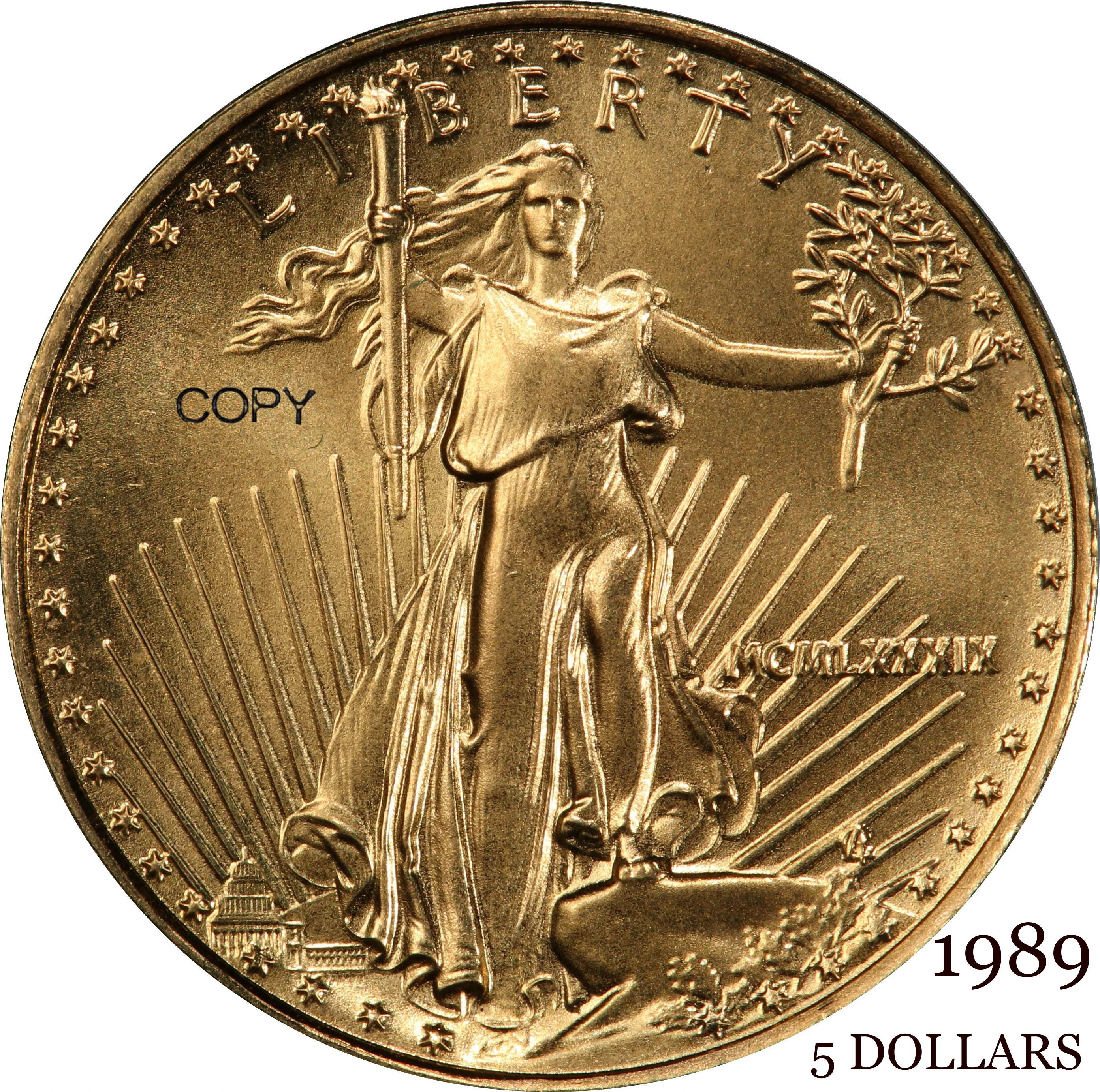 United States 1989 5 Five Dollars 1/10 ounce American Gold Eagle Bullion Coinage USA Liberty Gold Brass Metal Copy Coin