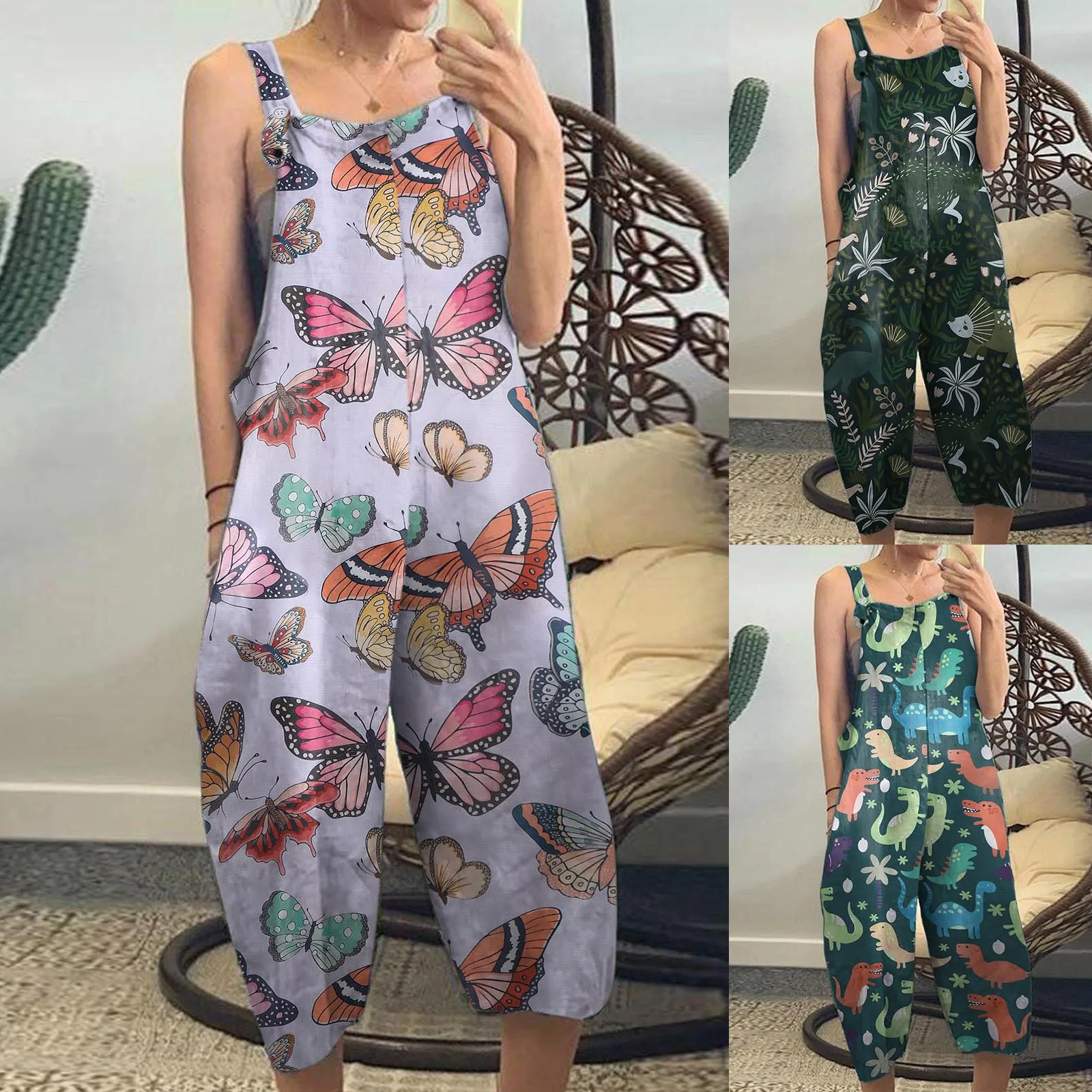

Straps Wide Print Animal Vintage Casual Jumpsuit Women's Fashion With Pocket Leg Women's Jumpsuit Strip Club Outfits for Women