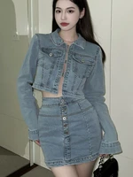 spring fashion streetwear denim 2 piece set women short jacket coat bodycon mini skirt suits stylish jean two piece outfits