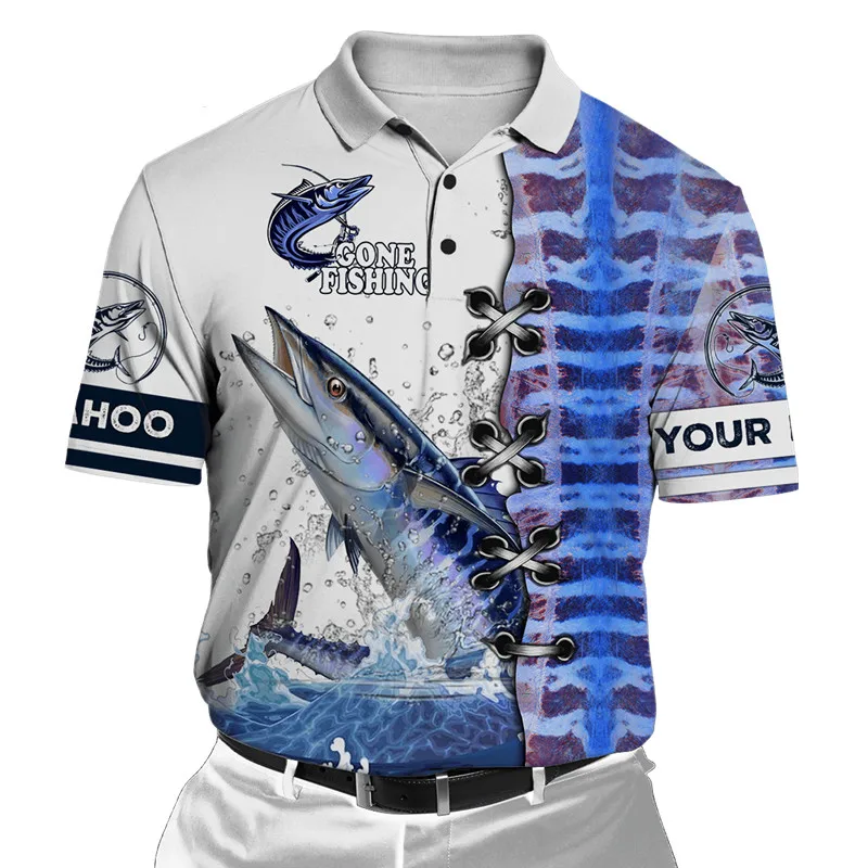 Fashion fishing 3D full body printing men's lapel shirt casual Harajuku lapel short sleeve polo shirt