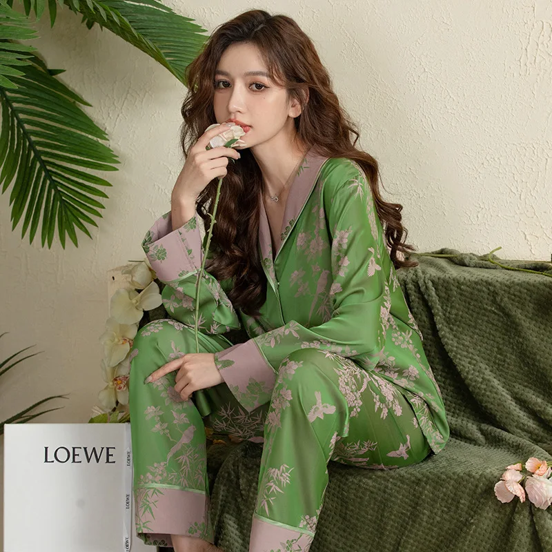 FALLINLAOE Ice Silk Pajamas Women's Spring And Autumn Fashion Printed Flowers Pajama Set Long Sleeve Home Suit Pyjamas