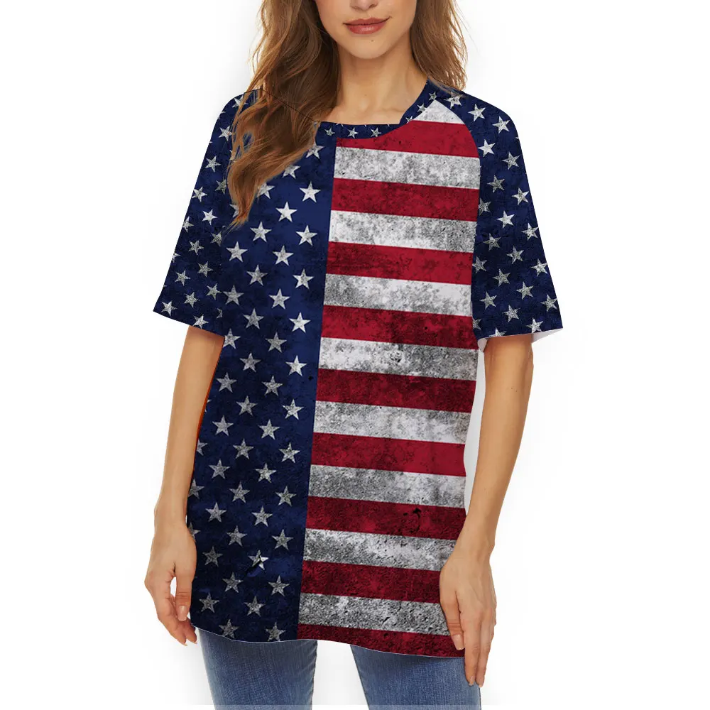 

Women Tops Short-sleeved Creative American Independence Day Printed U-neck Shoulder T-shirt Summer Fashion Short-sleeved