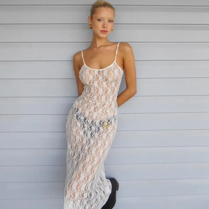 HOUZHOU сексуальное кружевное платье на тонких бретельках женское модное