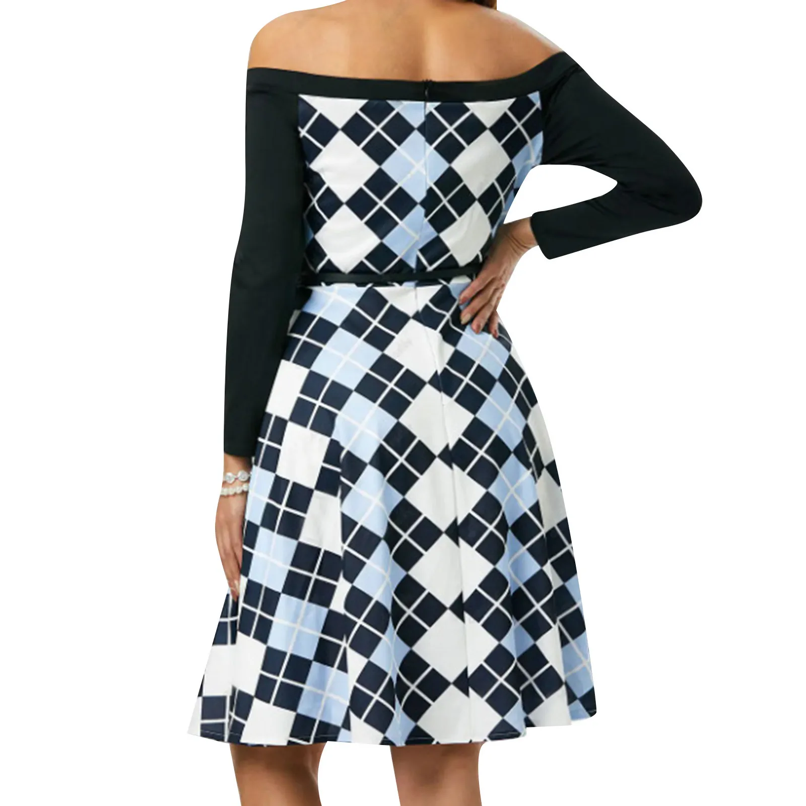 

Women Plaid Print Vintage Off The Shoulder Long Sleeve Causal Elegant Party Floral Maxi Dresses for Women Dresses for Women