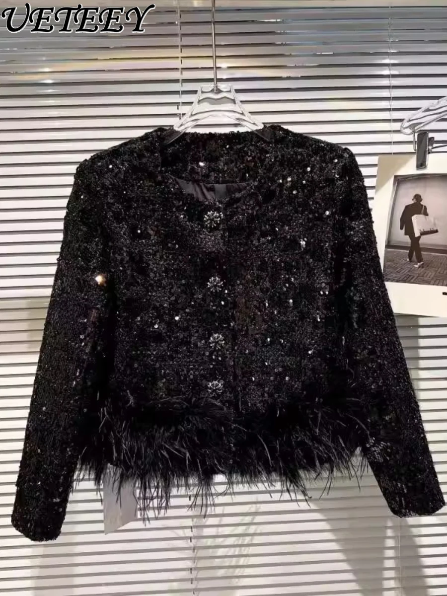 

2023 Autumn Winter New Elegant Socialite Sequined Black Tweed Jacket for Women's Luxury Burr Short Woolen Coat Casaco Feminino