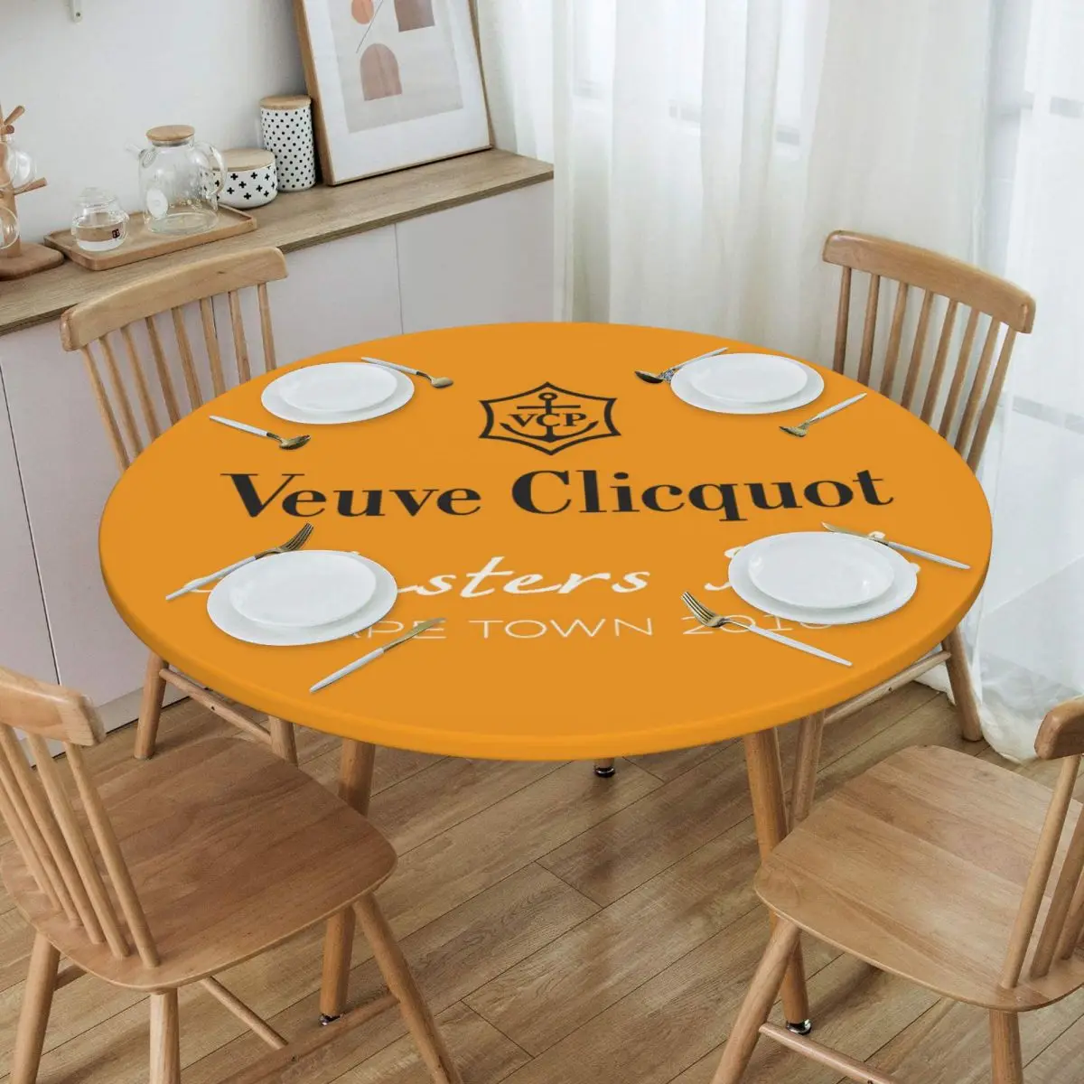 

Round Oilproof Clicquot Table Cover Elastic Fitted Veuve Beer Drinks Table Cloth Backed Edge Tablecloth for Dining