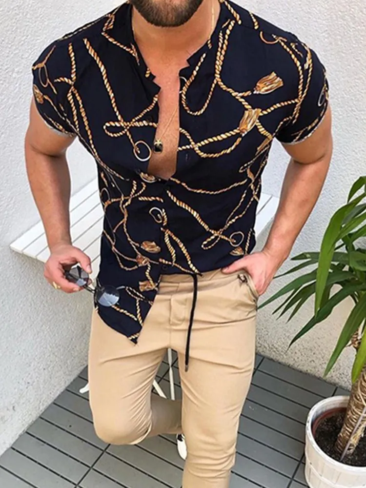 

Mens Loose 2022 Printed Stand Shirt Short Henley Hawaiian Shirt Sleeve Summer Nation Ok01 Casual Collar Style Ethnic Stripe Man