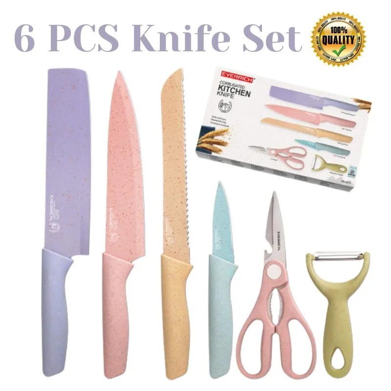 

No1.go Knife Set 6 PCS Pastel Colors Stainless Steel Chef Knife Bread Knife Cleaver Scissors