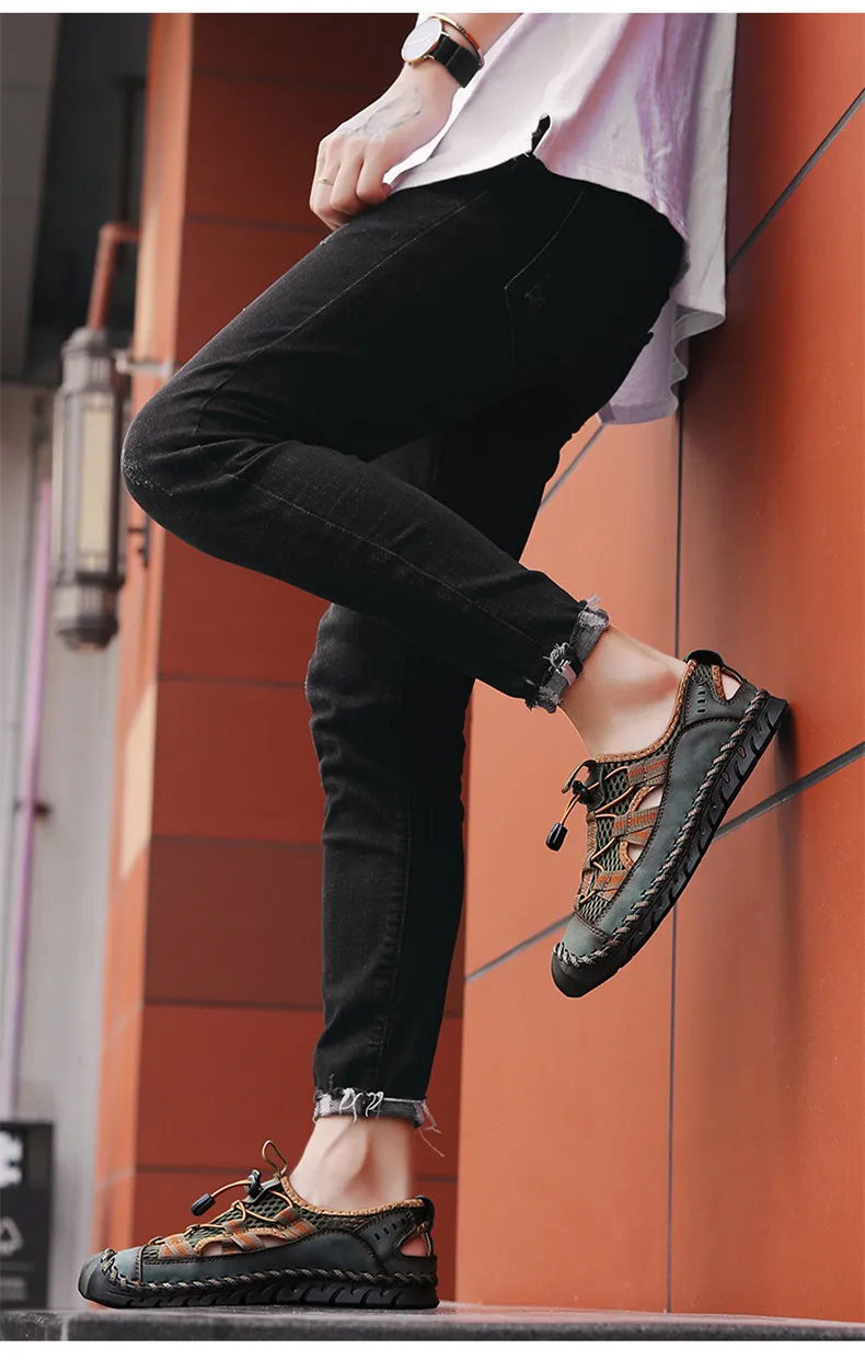 

Мужские сандалии в римском стиле, дышащие сетчатые, Повседневная Уличная обувь на платформе, пляжные Босоножки ручной работы, лето