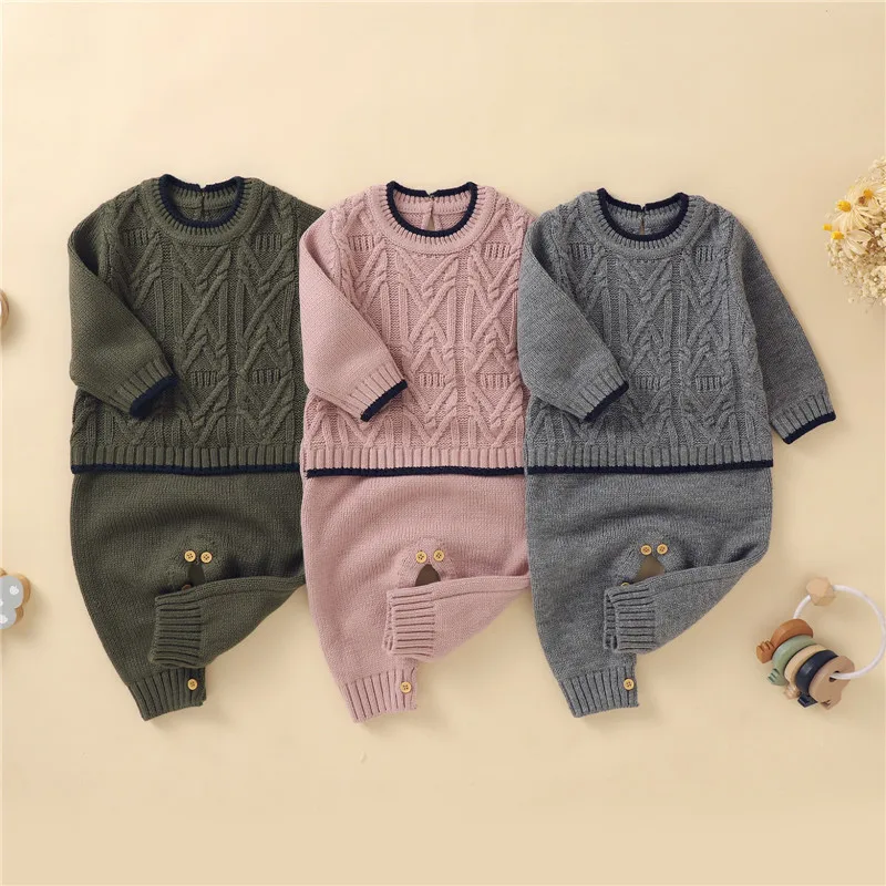 

Infant Baby Unisex Casual Knitted Romper 0-18 Month Long Sleeve Color-Contrast Round Neck Knitting Long Jumpsuit Boys Girls Fall
