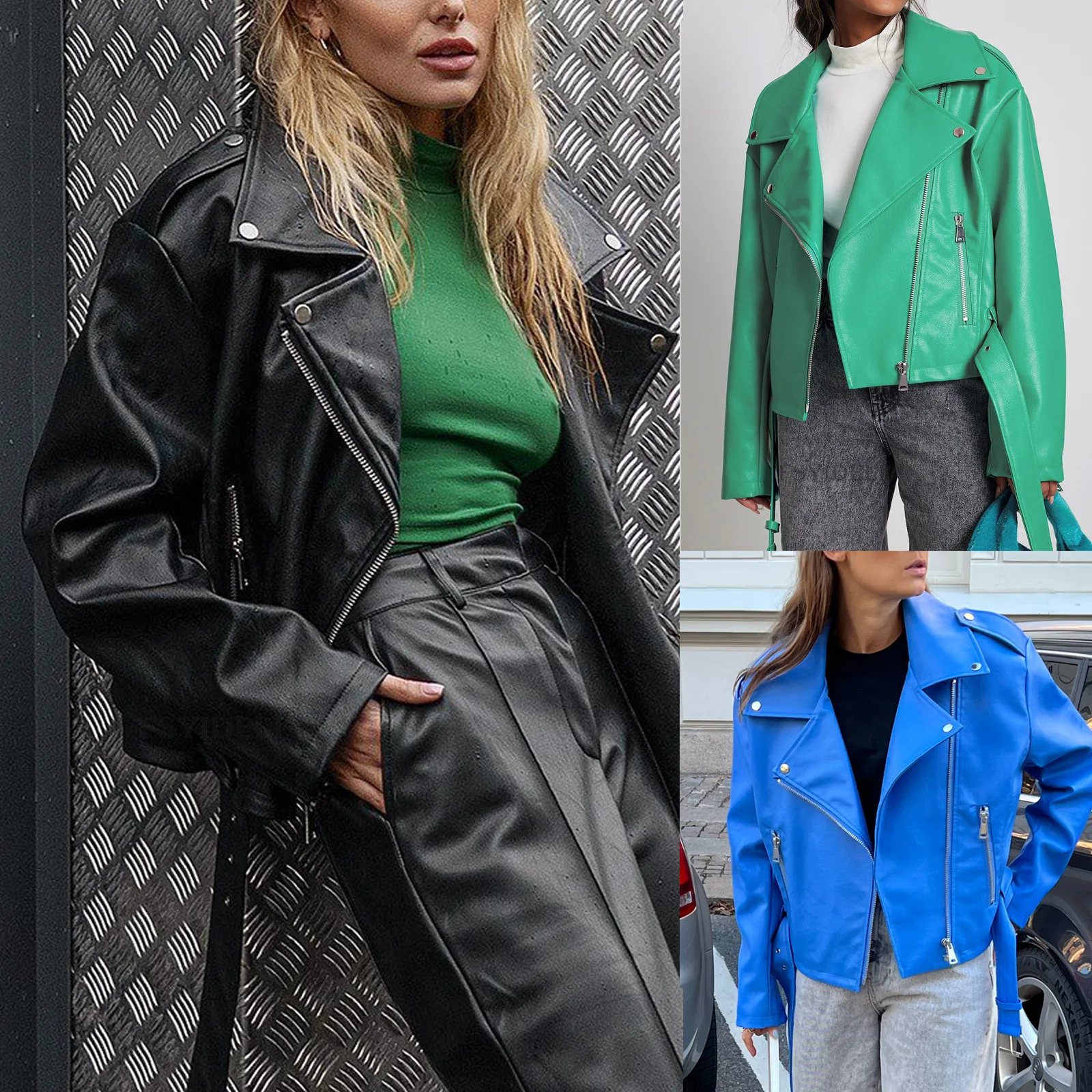 Kohuijoo Green PU Leather Jacket Women 2022 Autumn Fashion Short Slim Loose Coat Belt Short Ladies Motorcycle jackets