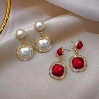 korean fashion earings new square diamond inlaid redwhite pearl 2022 new earrings for womens jewelry wedding party gifts