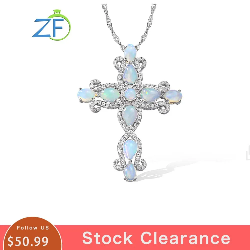 GZ ZONGFA 925 Sterling Silver Necklace for Women 5.5 Carat Natural Opal Colourful Gemstone Cross Pendant Party Gift Fine Jewelry