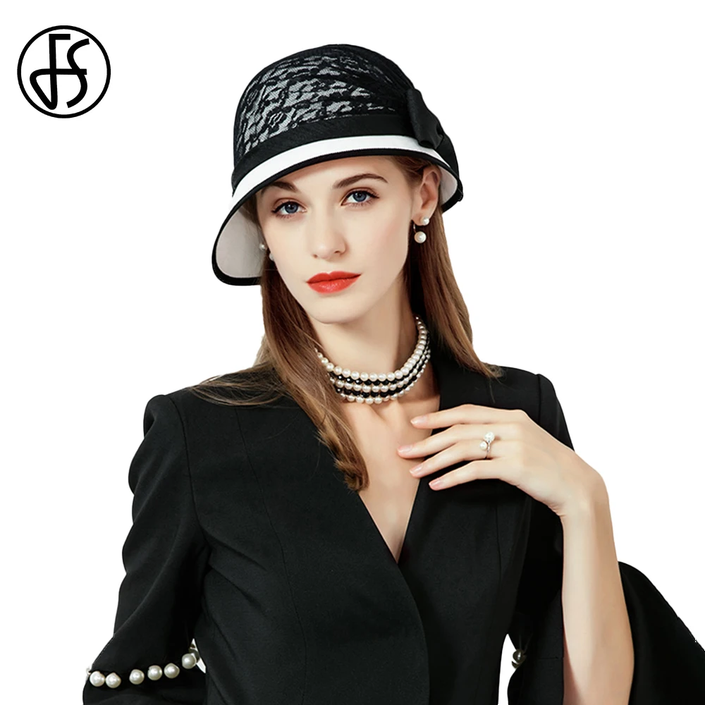 

FS Black White Patchwork Fedoras Hats For Women Elegant Church Kentucky Cap With Lace Bow Ladies Cocktail Party Millinery