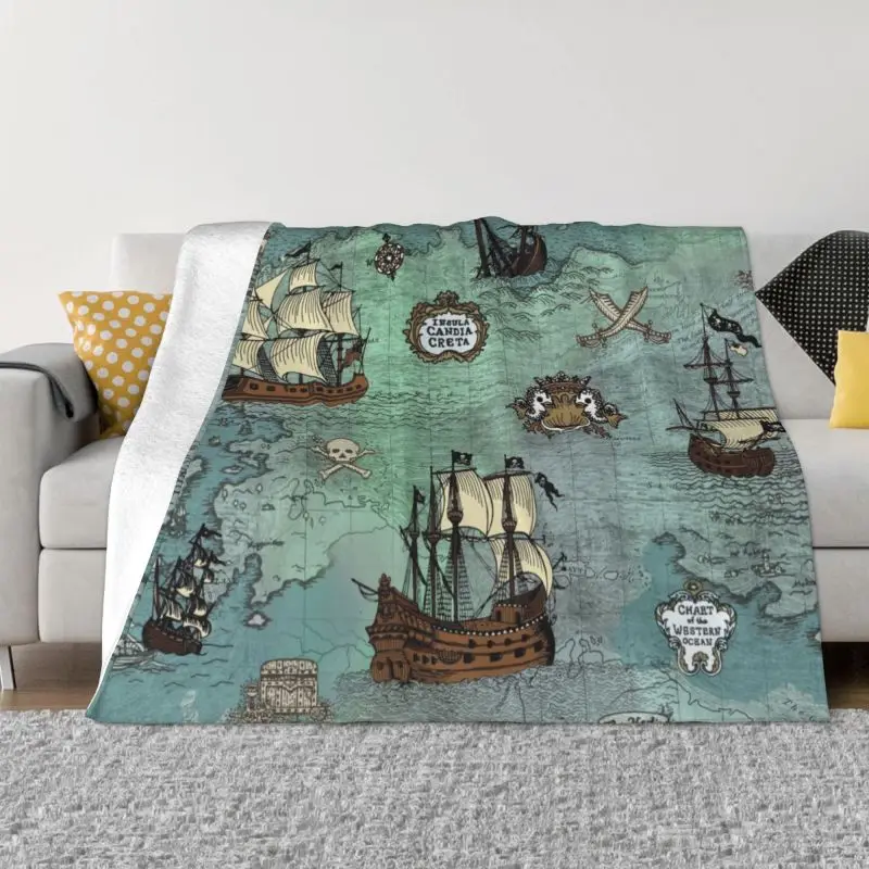 

Pirate Map Nautical Sea Print Blankets Comfortable Soft Flannel Summer Skull Sailor Throw Blanket for Couch Outdoor Bedding
