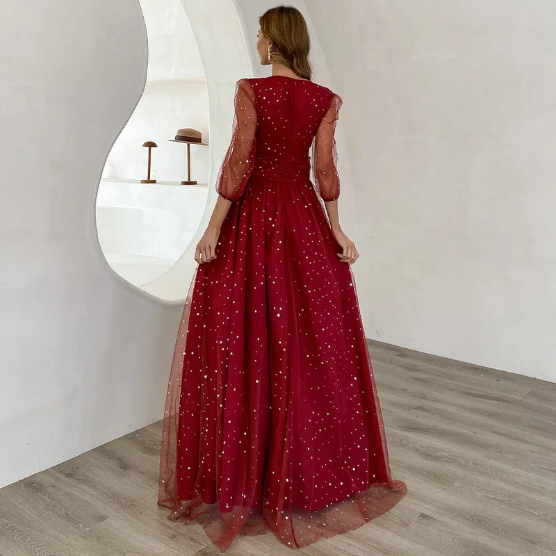 Red Tulle Long Party Dress V-Neck Pleat Split Puffy Sleeves Formal Gown Half Sleeves Women Dress 2022 Fashion Dresses