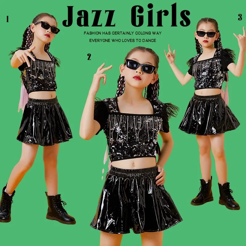 

Girls Black Sequins Jazz Dance Outfit Tops Skirt Catwalk Show Wear Cheerleading Clothes Kids Hip Hop Performance Clothes