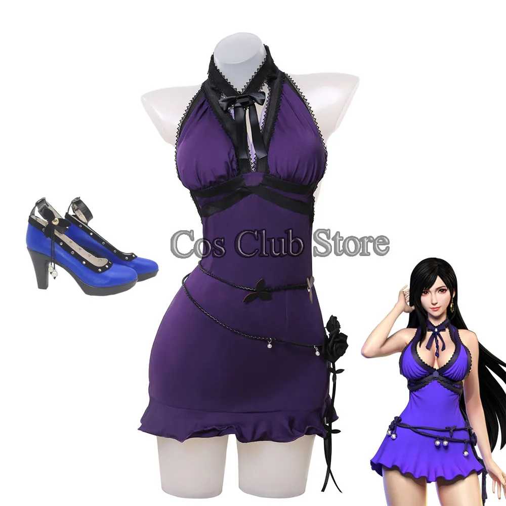 Final Fantasy VII Tifa Cosplay Costume Purple Dress Women Final Fantasy Cosplay Shoes Tifa Final Women Blue Shoes Tifa Lockhart