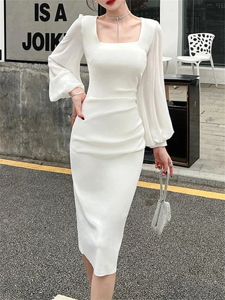 

Women Spring Square Collar Sexy Party Dress Split Lantern Sleeve OL Sheath Female Bodycon Vestidos