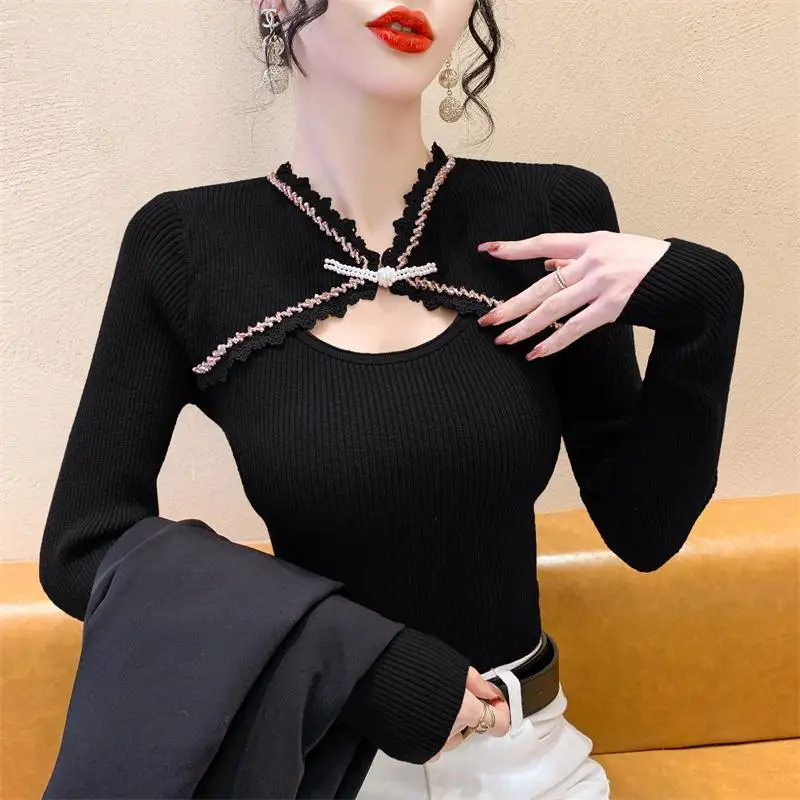 Женский вязаный шерстяной свитер элегантный облегающий с длинными рукавами в