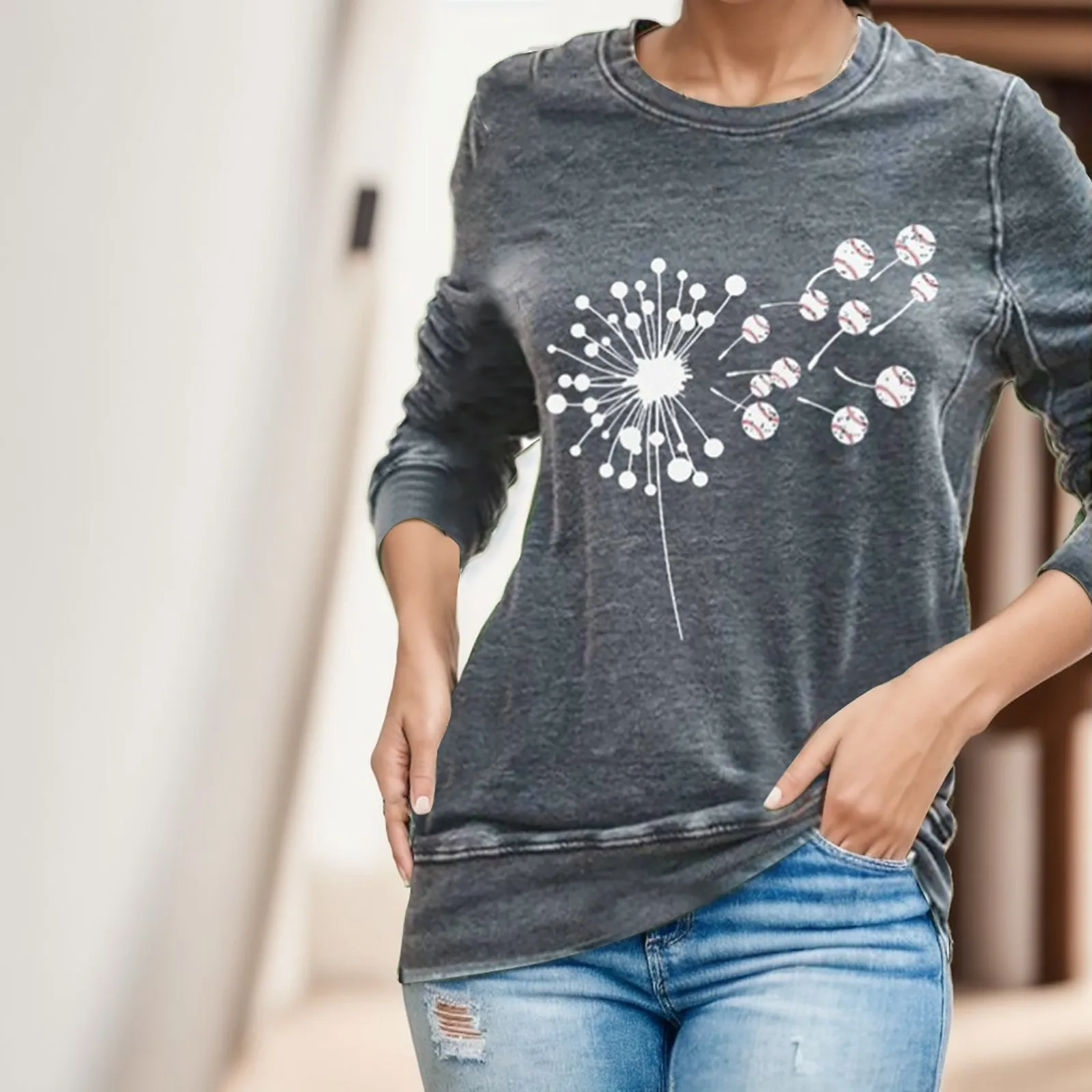 

Graphic Tee For Ladies Personality Dandelion Print Fashion Trend Round Neck Long Sleeve Fitness Hip Hop Digital 3d Printing Tops