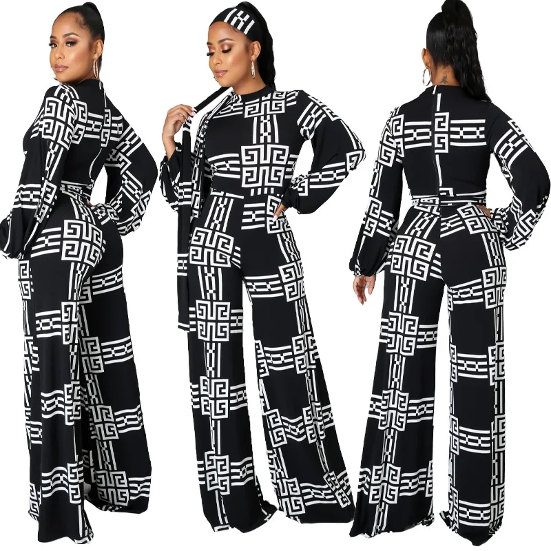 

Nipped Waist Slim Fit Digital Print Wide Leg Jumpsuit with Belt Lady High Waist Lace-up Temperament Rompers Jumpsuits for Women