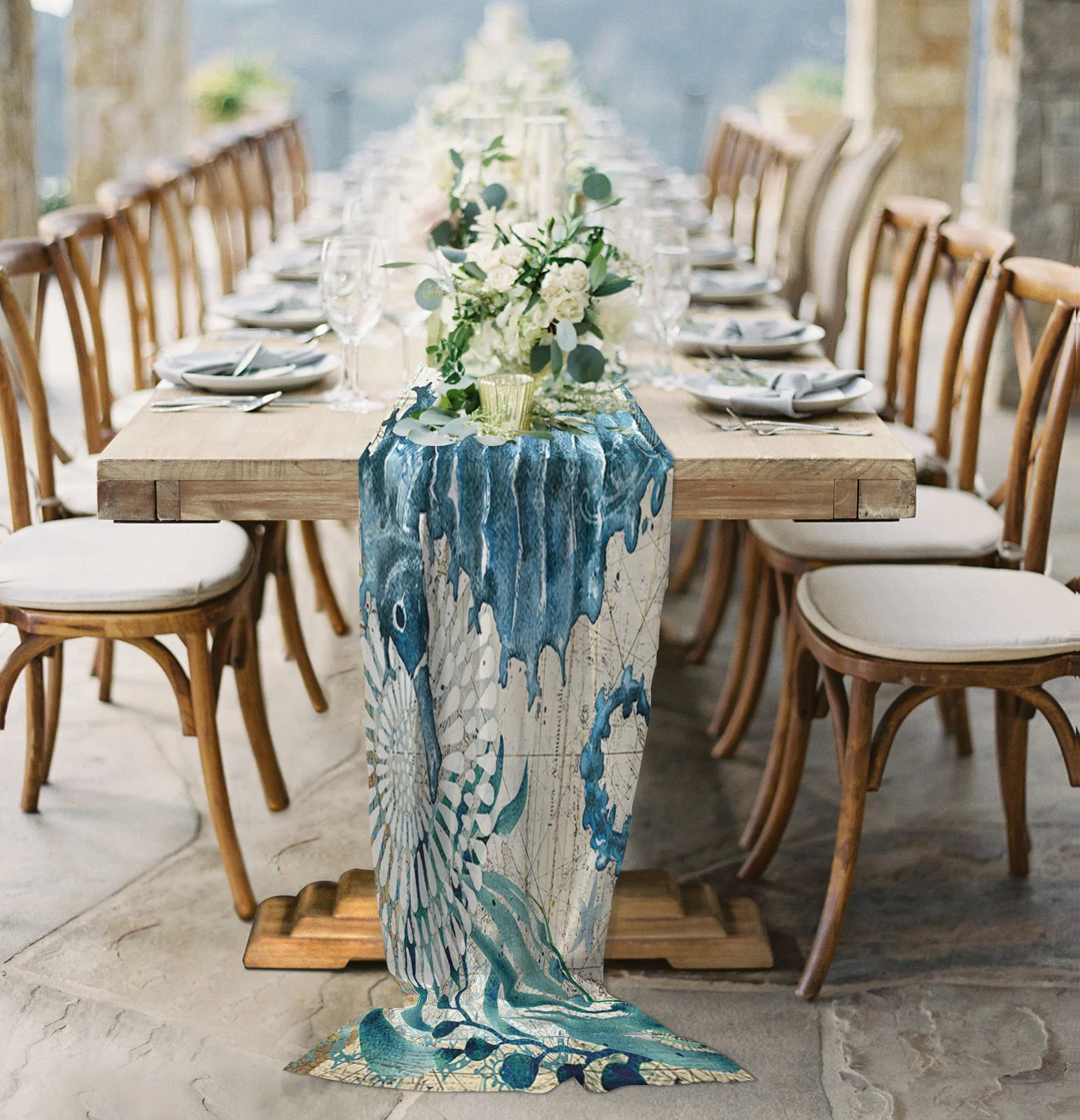 

Seahorse Ocean Nautical Style Sheer Chiffon Table Runner Wedding Party Birthday Luxury Voile Tablecloth Home Decoration