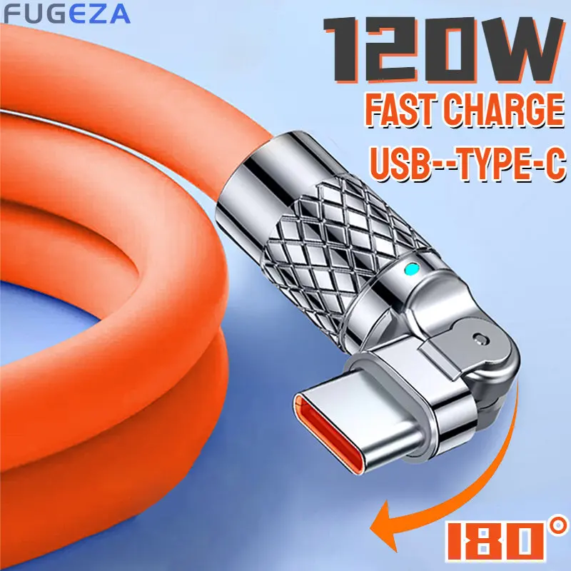 

120W 7A Fast Charge Type C Cable 180 Degree Rotation Elbow Cable for Game for Xiaomi Samsung OPPO for IPhone Charger USB C Cable