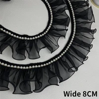 8cm wide black 3d organza pearls needlework ruffle ribbon beaded fringe lace edging trim dress collar diy sewing guipure decor