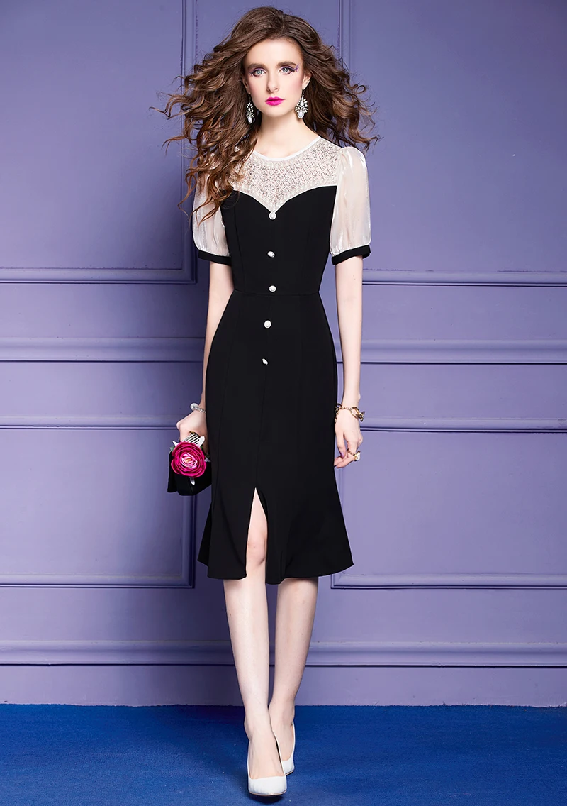 

Luxury Beading Black Mermaid Dresses for Women 2023 Summer Party Elegant Vestidos Feminino Short Sleeve Color Block Office