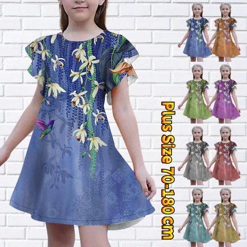 

2023 Summer New Design Print Dress Knee-length Skirt Little Girl Skirt Lovely Midi Skirt Short Sleeve Skirt Round Neck Dress