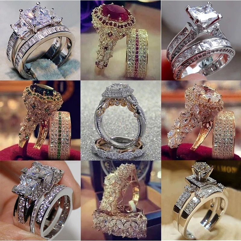 

2 Pcs/set Temperament Crystal Cubic Zirconia Rings Set for Women Party Wedding Engagement Jewelry Accessories Size 5-11
