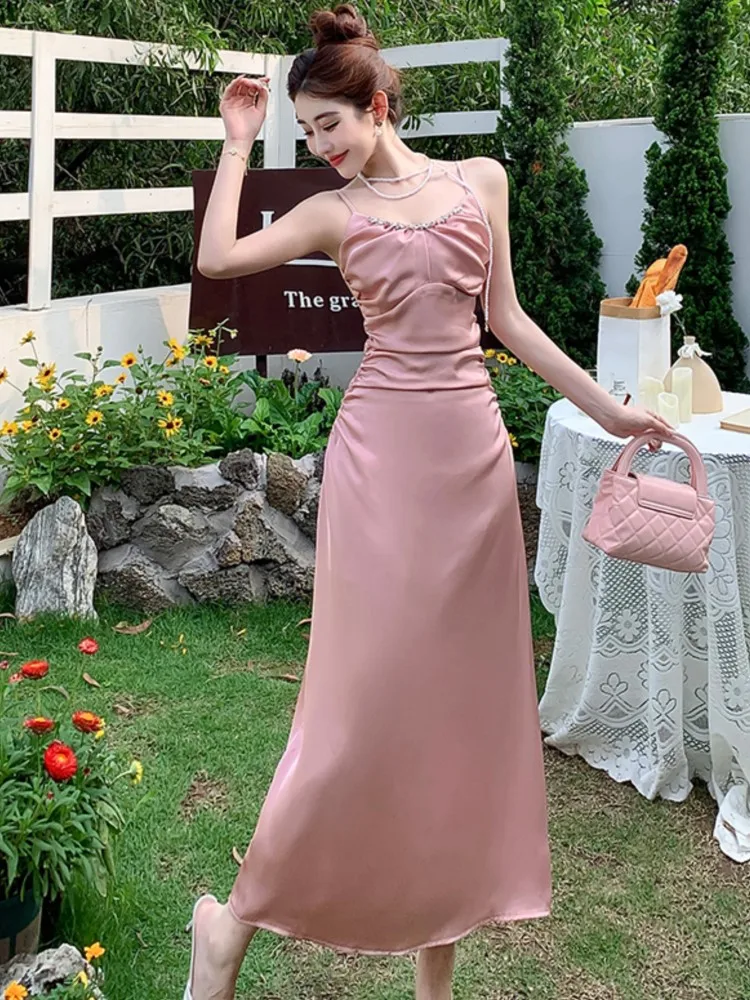 Элегантные однотонные атласные женские платья сексуальное платье на тонких
