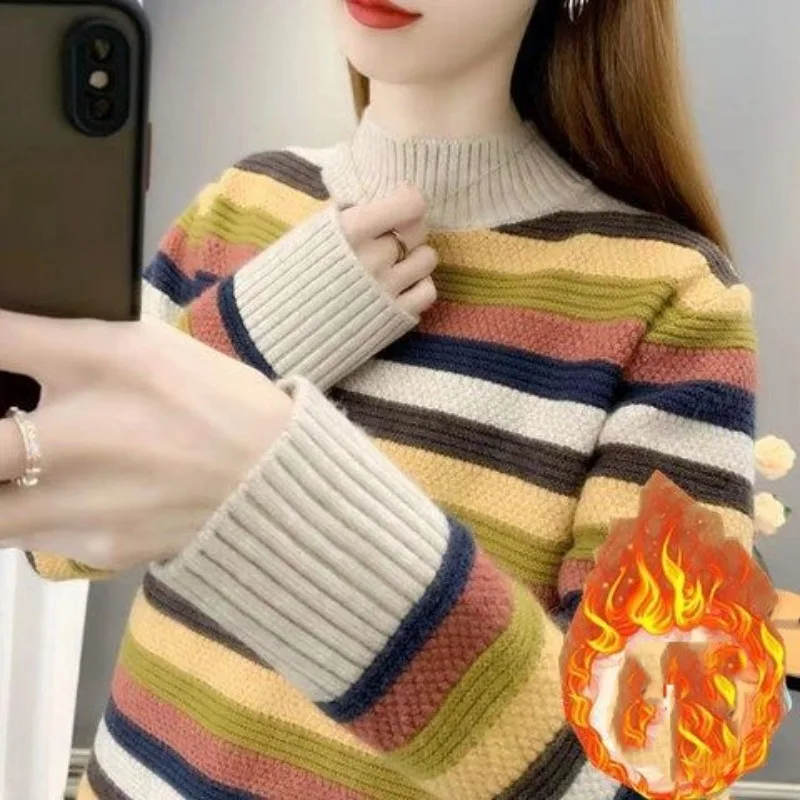 Осенне-зимний женский пуловер полосатый свитер с полувысоким воротом свободный