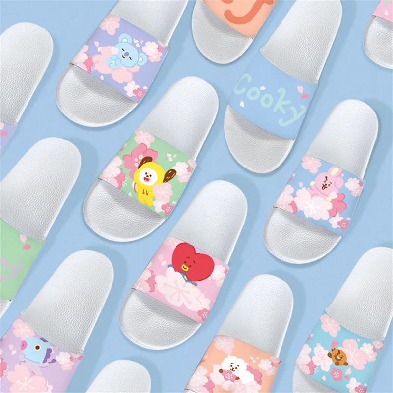 

Kpop BTSHARE21 Bangtan Boys Женская мода Мультяшные животные плоские Тапочки для ванной дома Нескользящие