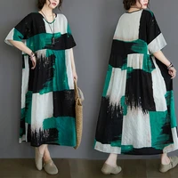 green plaid print contrast color cotton and linen summer dress plus size womens half sleeved loose modern vintage dresses