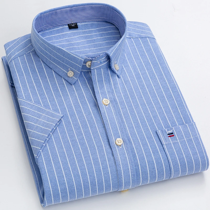New Oxford Causal Shirts For Men Summer Short Sleeved Leisure Regular Fit Plaid Shirt Square Collar Soft Male Tops Front Pocket