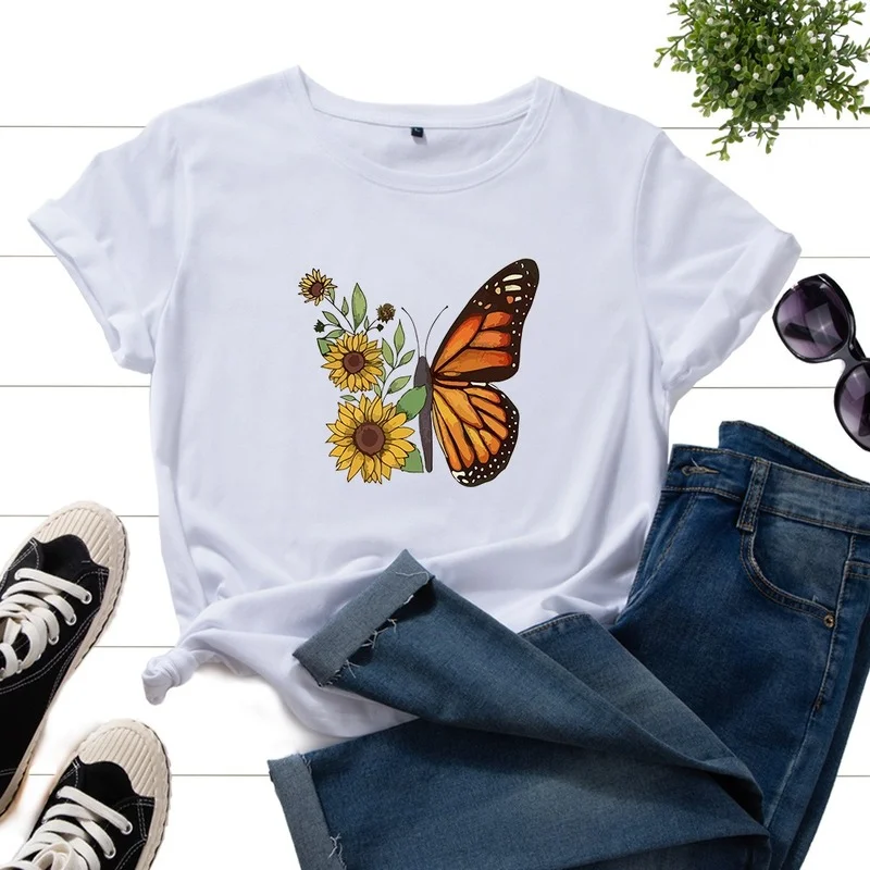 

Футболка женская повседневная с графическим принтом, модный топ с коротким рукавом, с круглым вырезом, с принтом бабочки, в винтажном стиле, ...