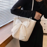 cute bowknot straw woven shoulder bags for women big capacity straw woven totes women handbags summer braid beach bucket bag new