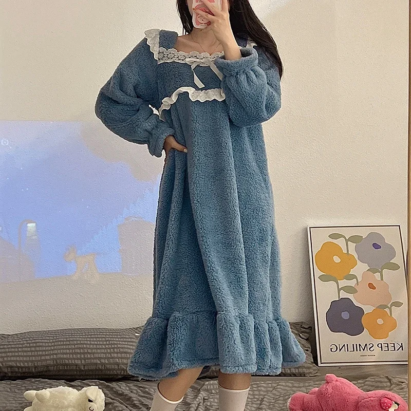 Зимние плотные теплые фланелевые ночные рубашки с длинным рукавом для женщин