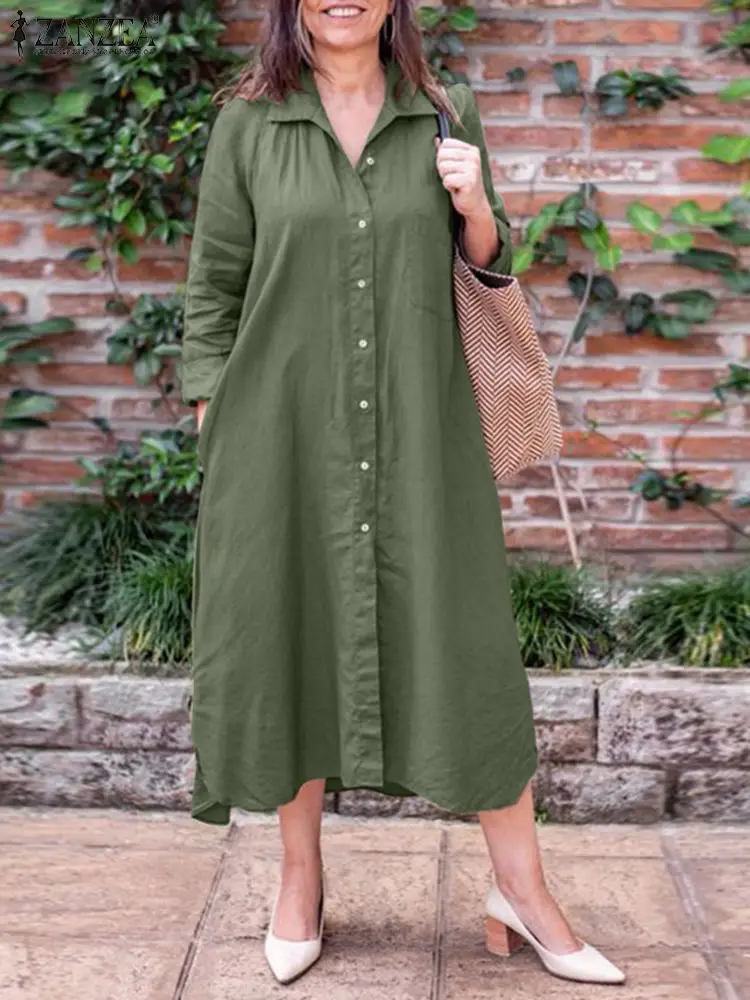 

ZANZEA Autumn Work OL Midi Vestido Elegant Women Robe Full Sleeve Lapel Dress Female Fashion Casual Mid-Calf Length Sundress