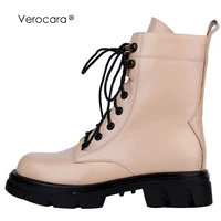 verocara mid calf boots for women round toe beige lace up mid chunky block heel genuine cow leather women boots