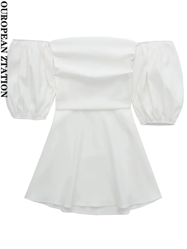 

PAILETE Women 2022 fashion with exposed shoulders pleated mini dress vintage long puff sleeves female dresses vestidos mujer