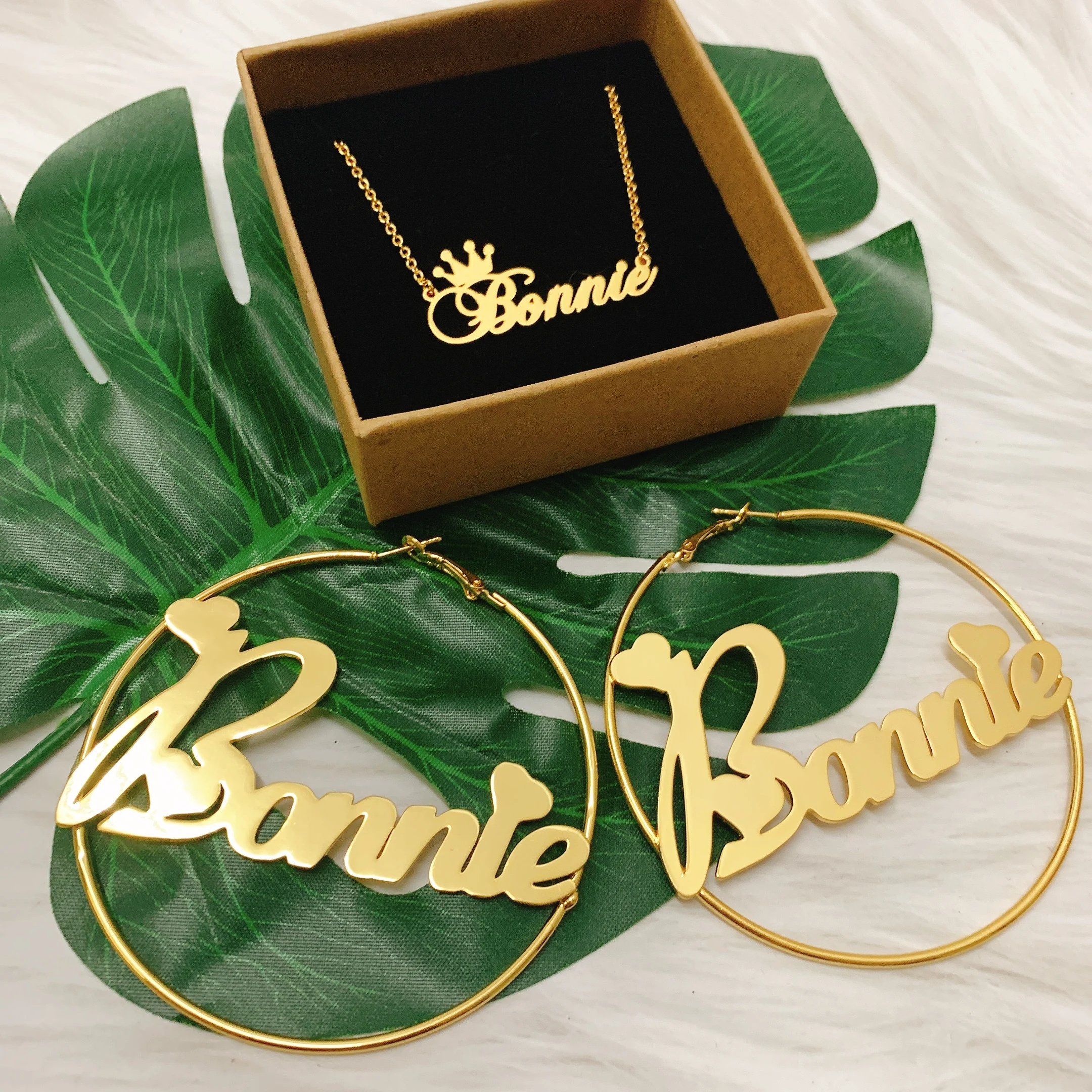 

30-90mm Stainless Steel Big Hoop Name Earrings & with Crown Necklace 45cm Set Custom Name Earings For Women Jewelry Set Brinco